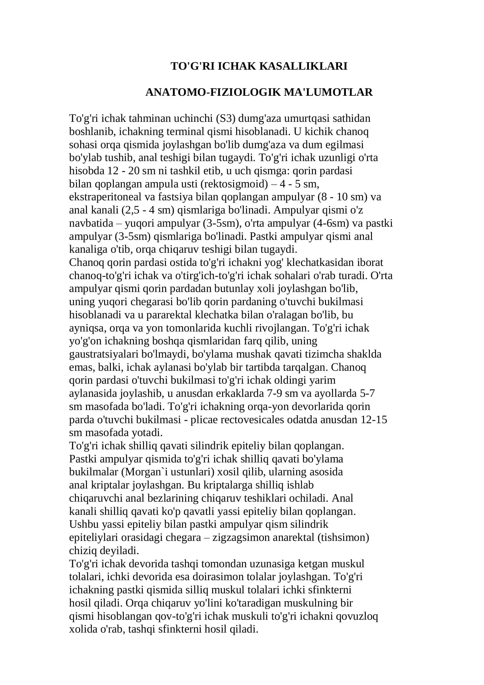 TO'G'RI ICHAK KASALLIKLARI