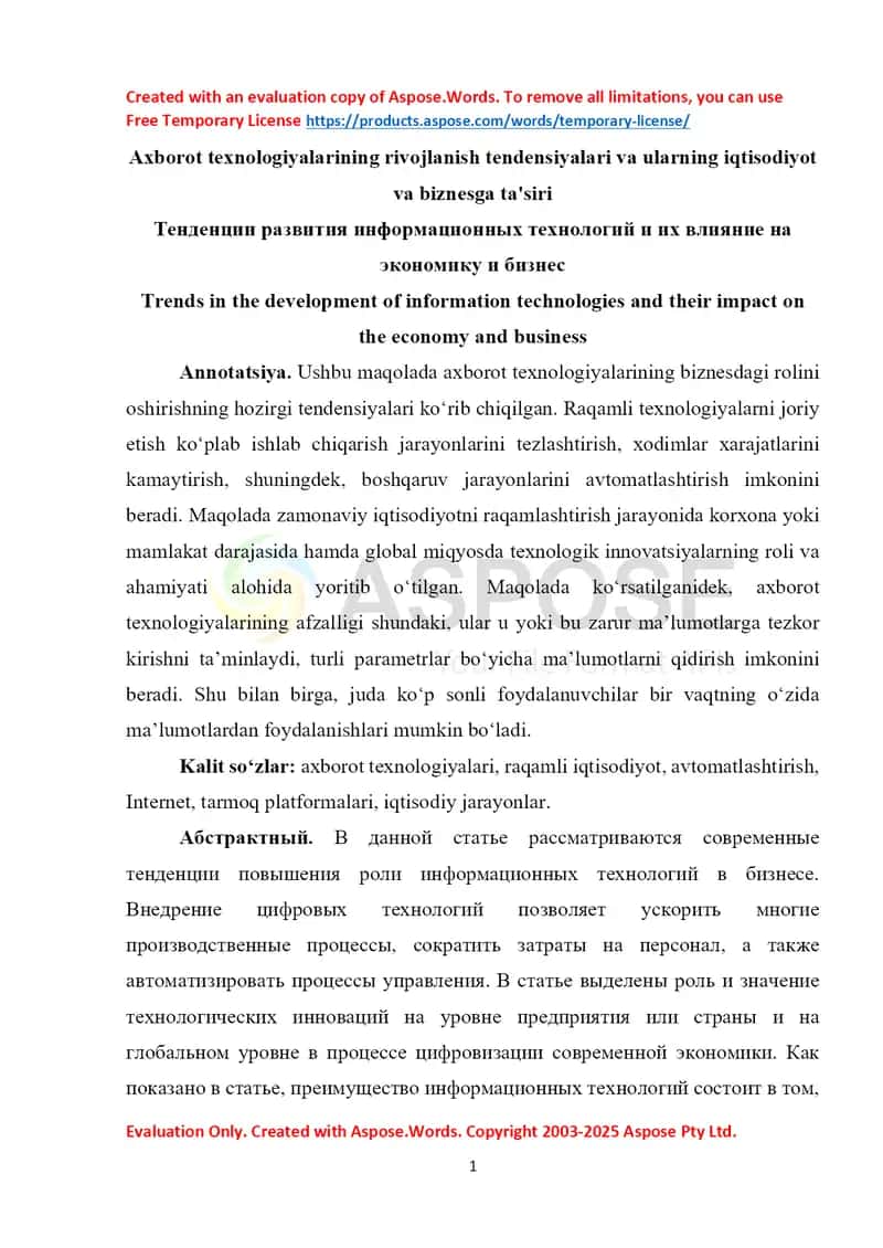 Axborot texnologiyalarining rivojlanish tendensiyalari va ularning iqtisodiyot va biznesga ta'siri