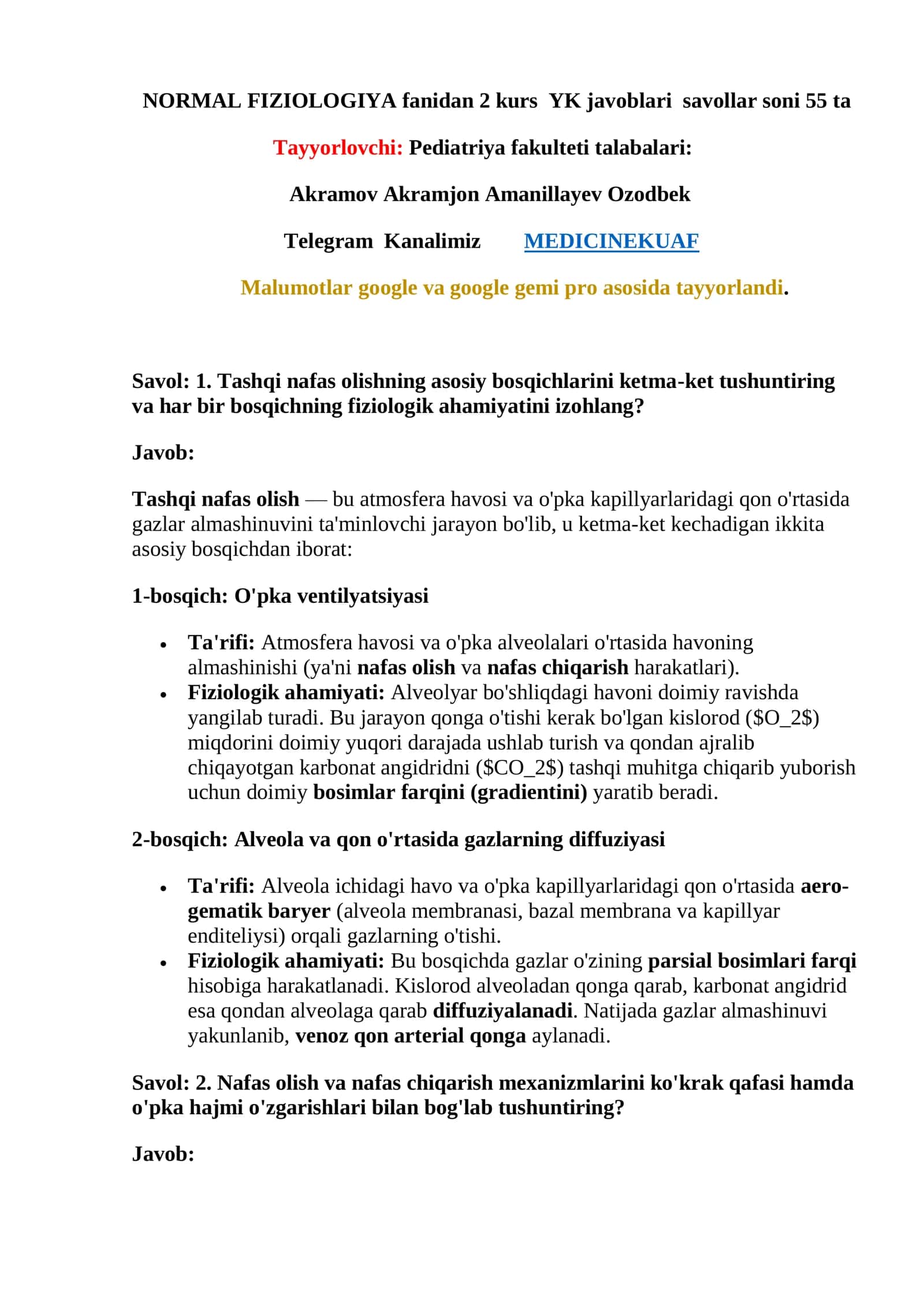 NORMAL FIZIOLOGIYA fanidan 2 kurs YK javoblari savollar