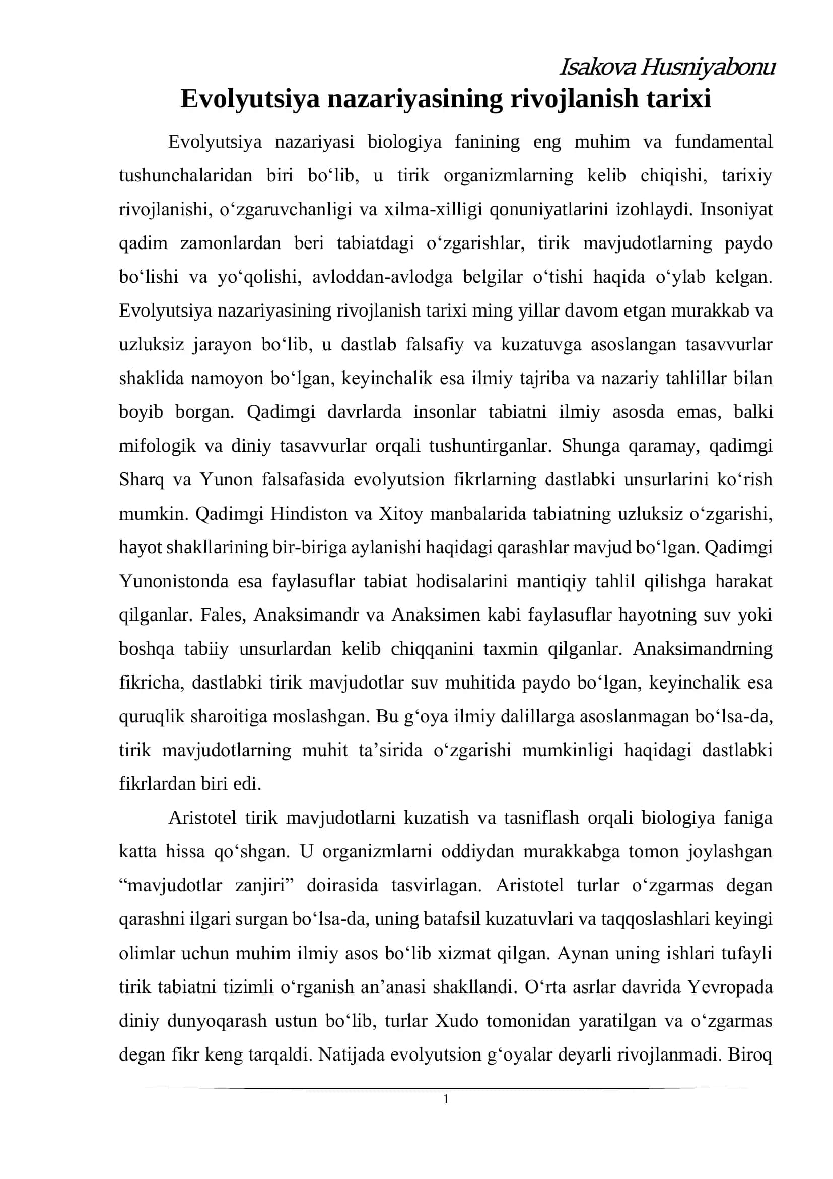 Evolutsiya rivojlanish tarixi