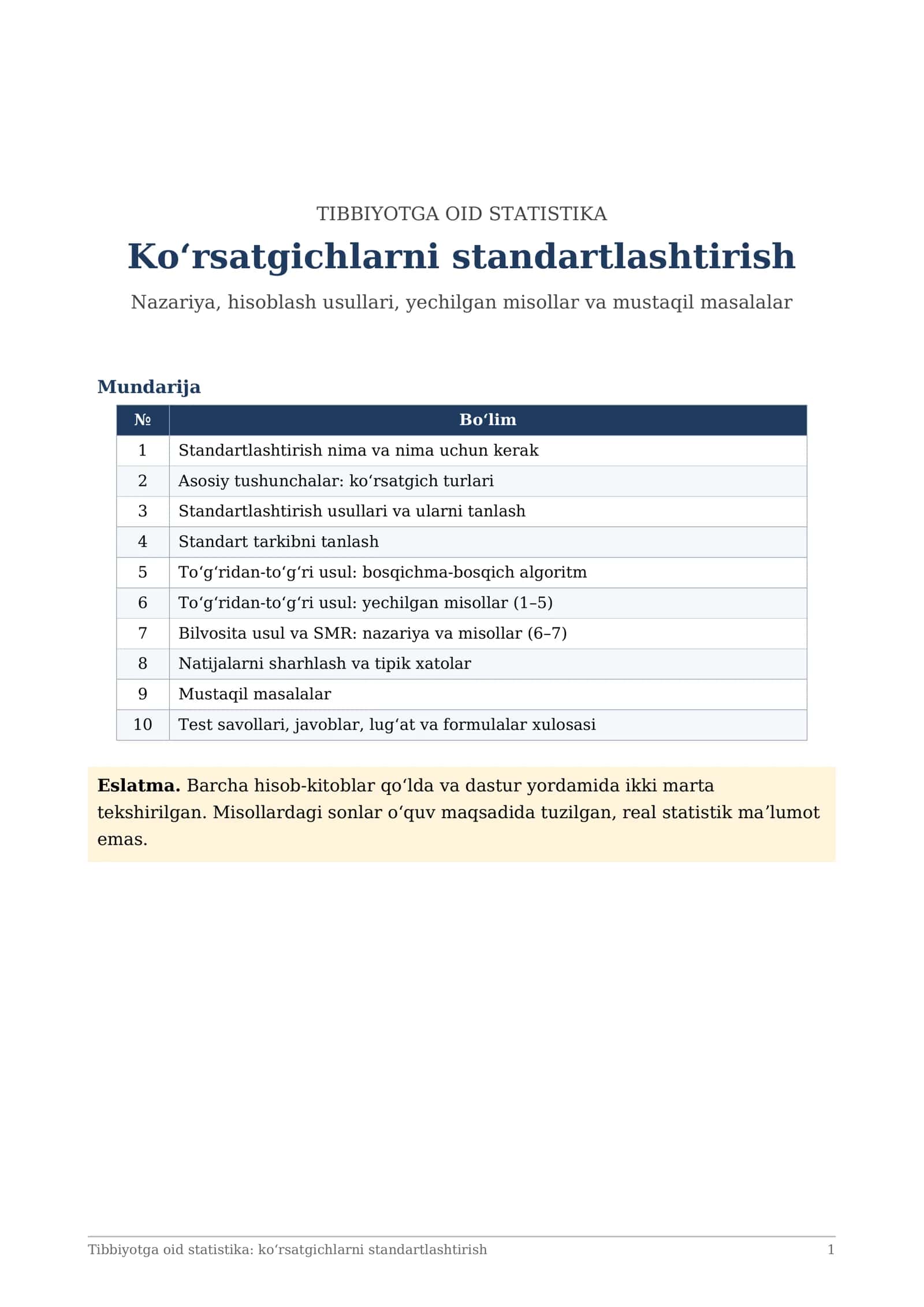 Tibbiyotga oid statistika: koʻrsatgichlarni standartlashtirish