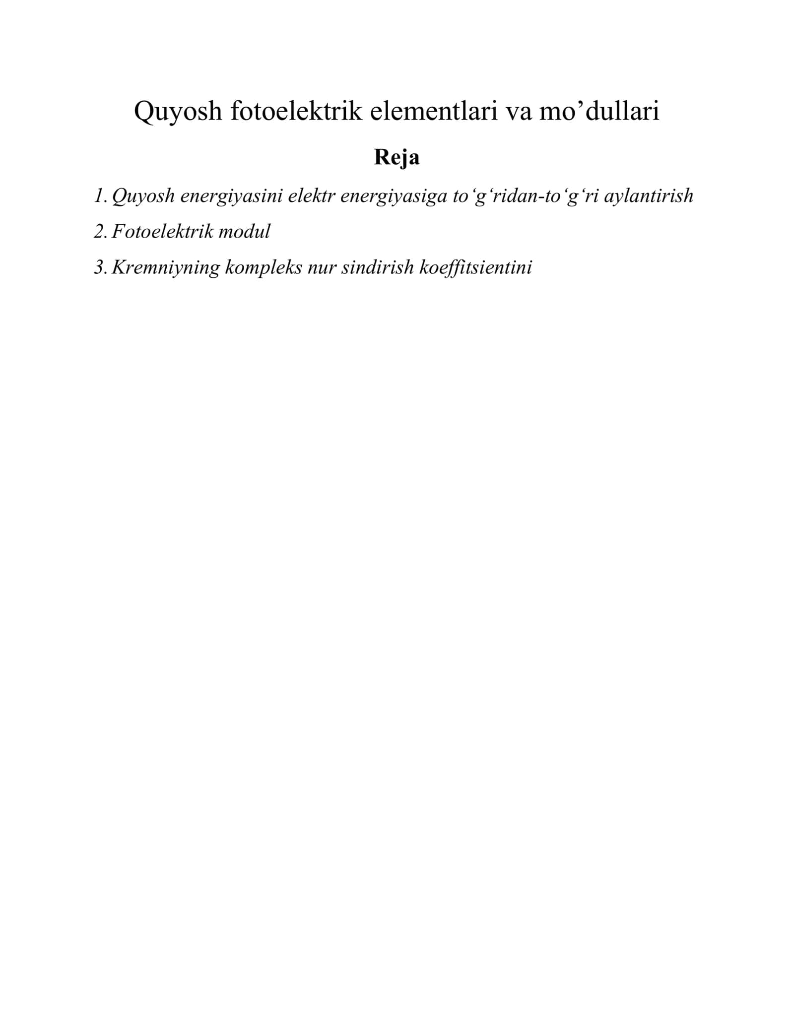 Quyosh fotoelektrik elementlari va mo’dullari
