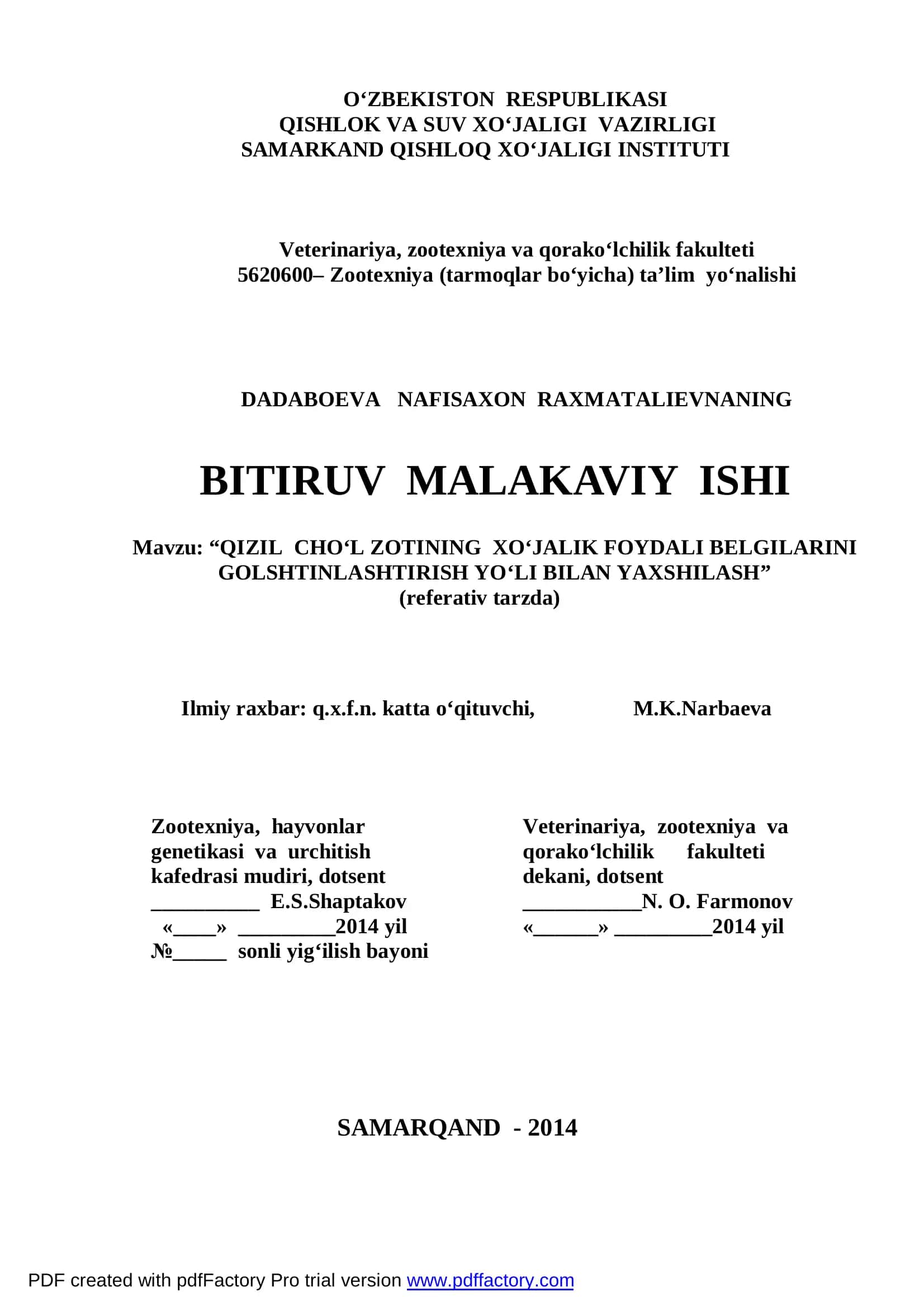QIZIL CHO‘L ZOTINING XO‘JALIK FOYDALI BELGILARINI GOLSHTINLASHTIRISH YO‘LI BILAN YAXSHILASH