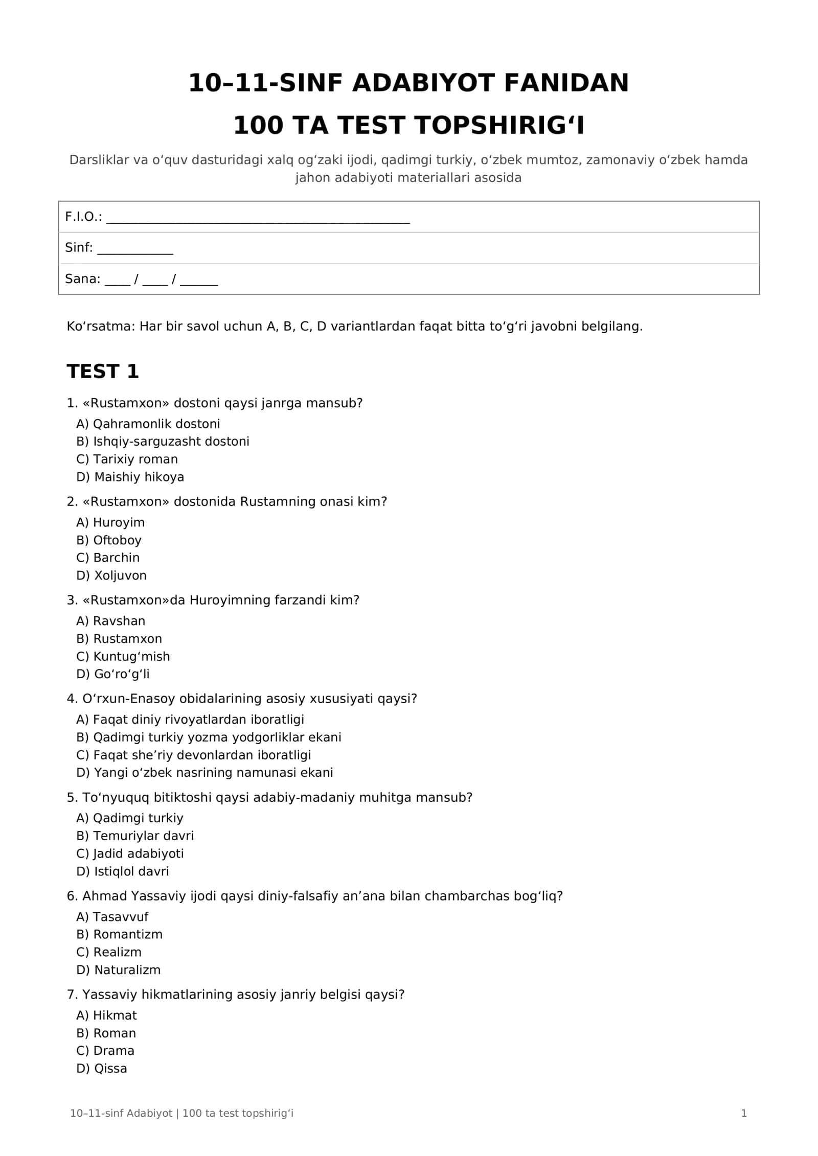 Argos Adabiyot fanidan Test 10-11 sinf (Talaba, Abutirentlar va Olimpiyada ishtirokchilari uchun)