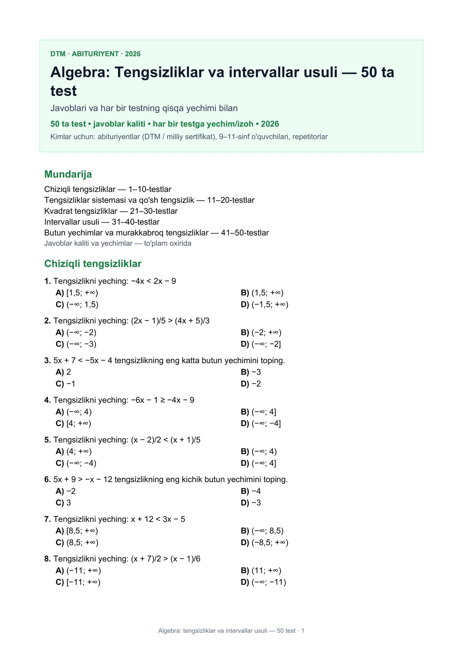 Algebra: Tengsizliklar va intervallar usuli