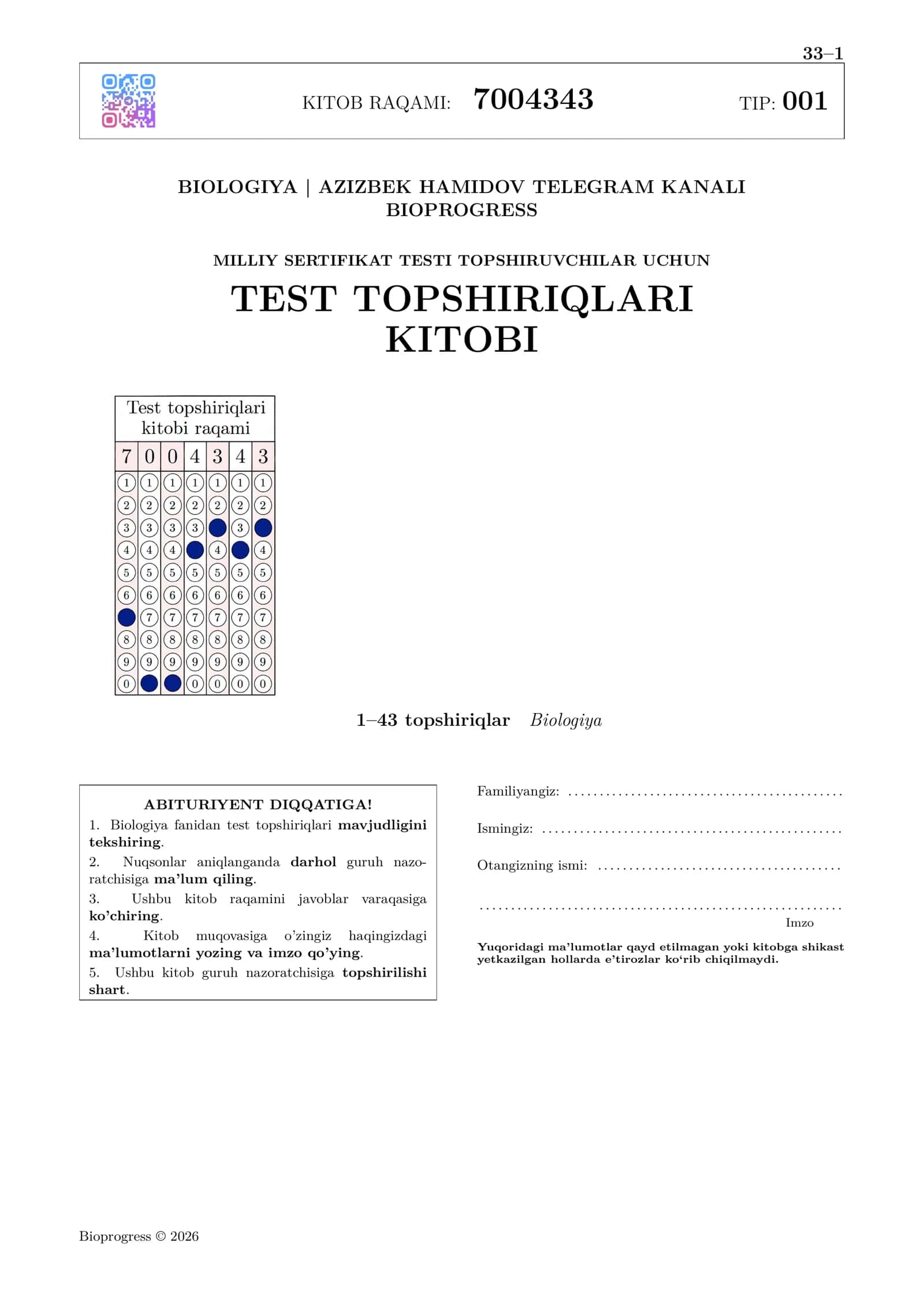 Biologiya Test Topshiriqlari