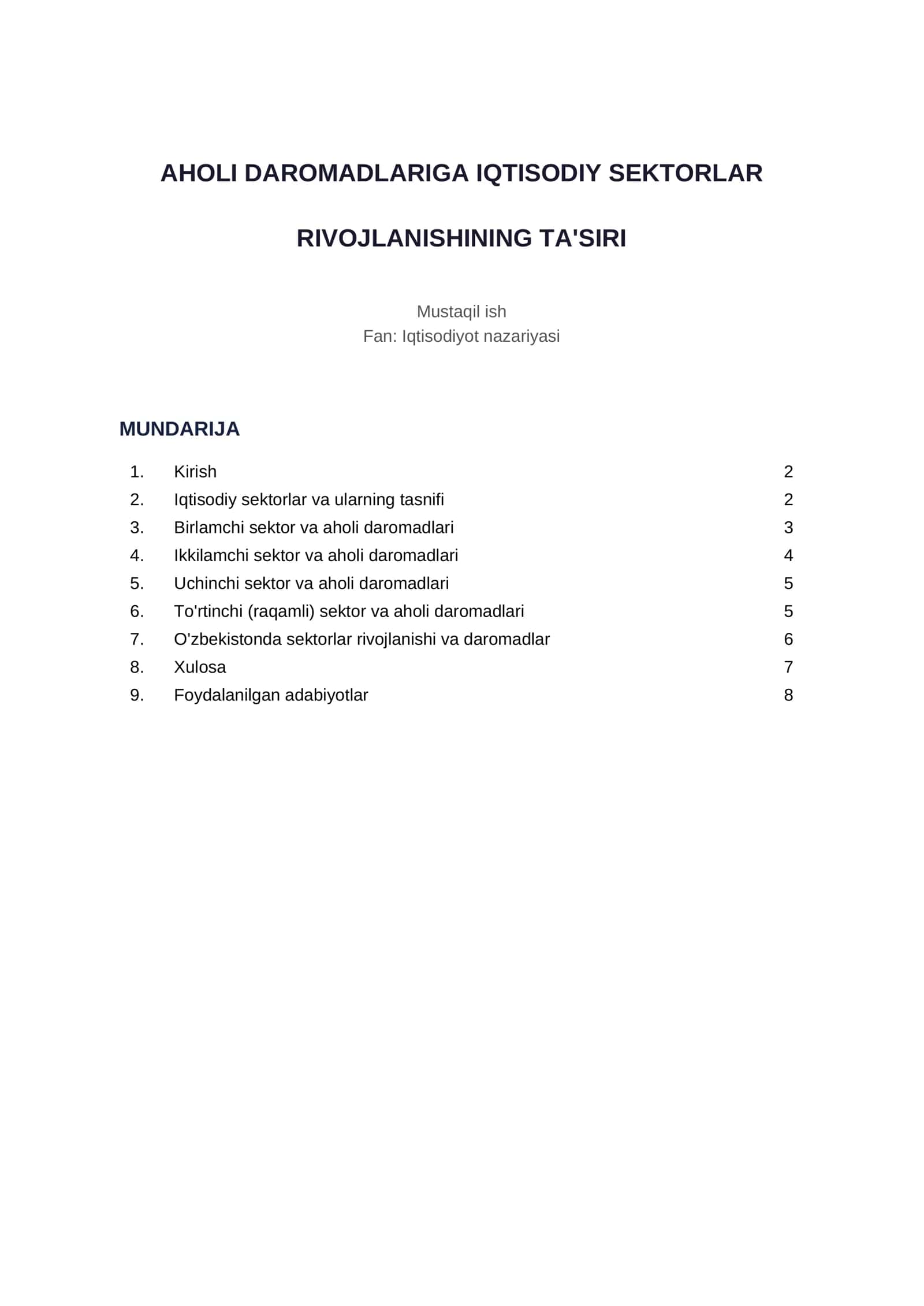 aholi daromadlarinig iqtisodiy sektorlar rivojlanishining taʼsiri