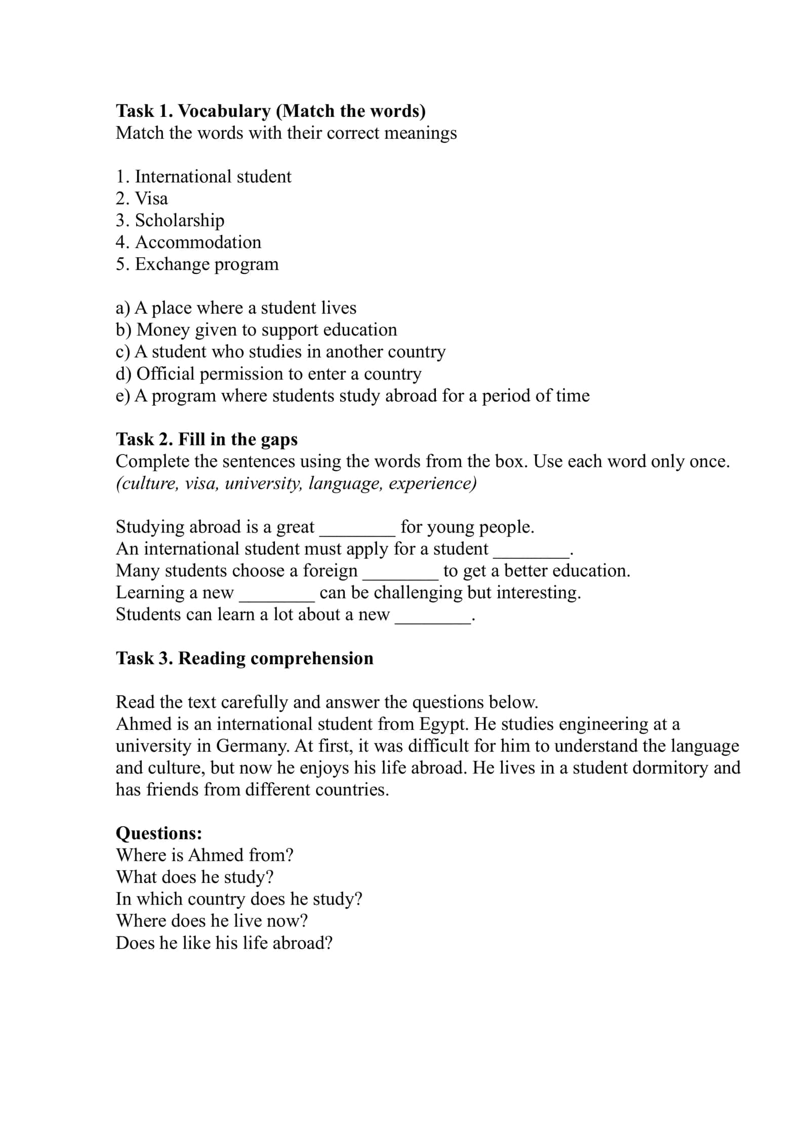 Vocabulary Matching Exercise