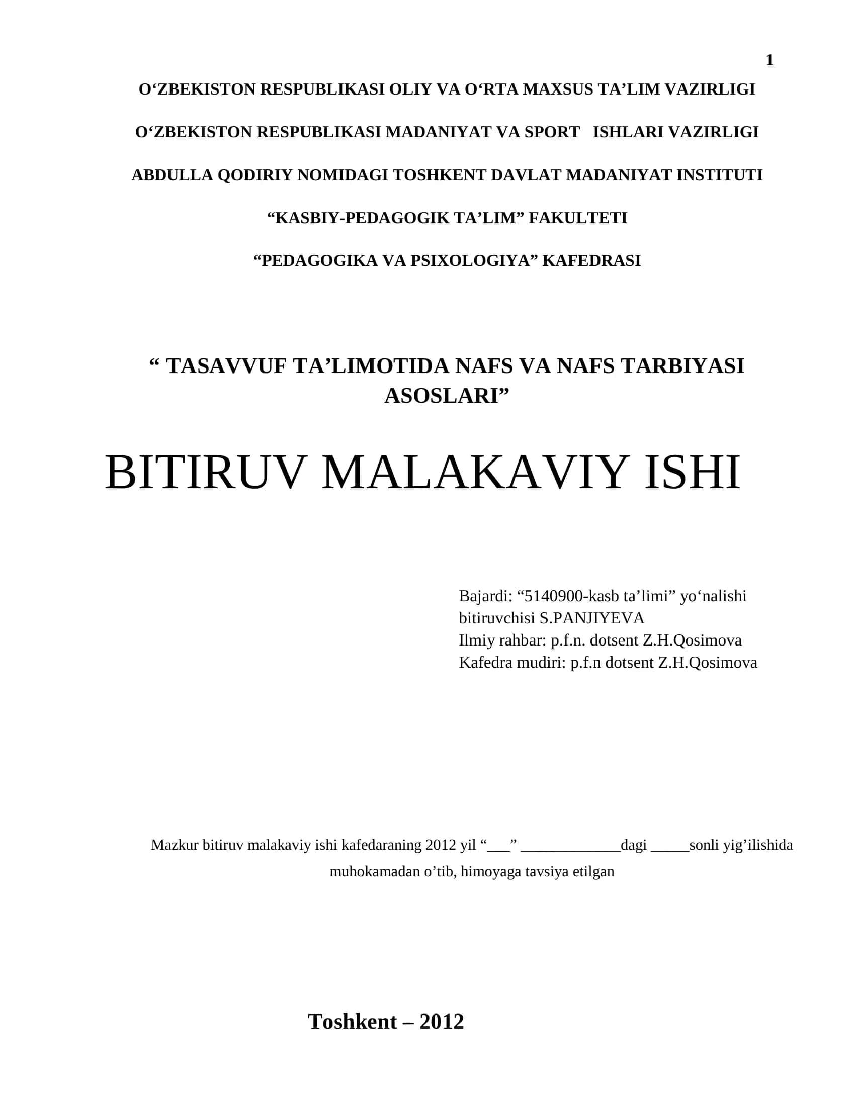 Tasavvuf ta’limotida nafs va nafs tarbiyasi asoslari