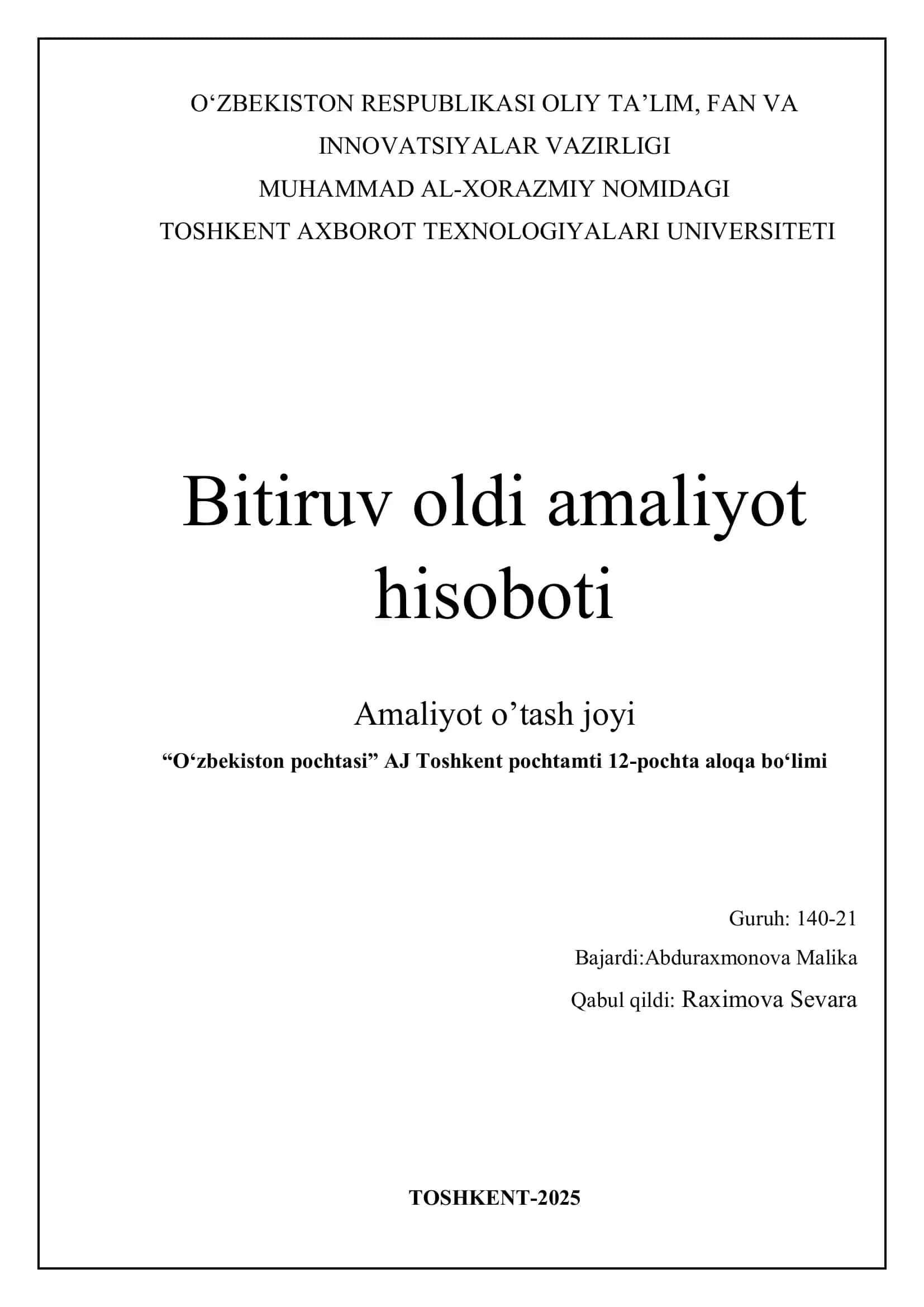 Bitiruv oldi amaliyot hisoboti