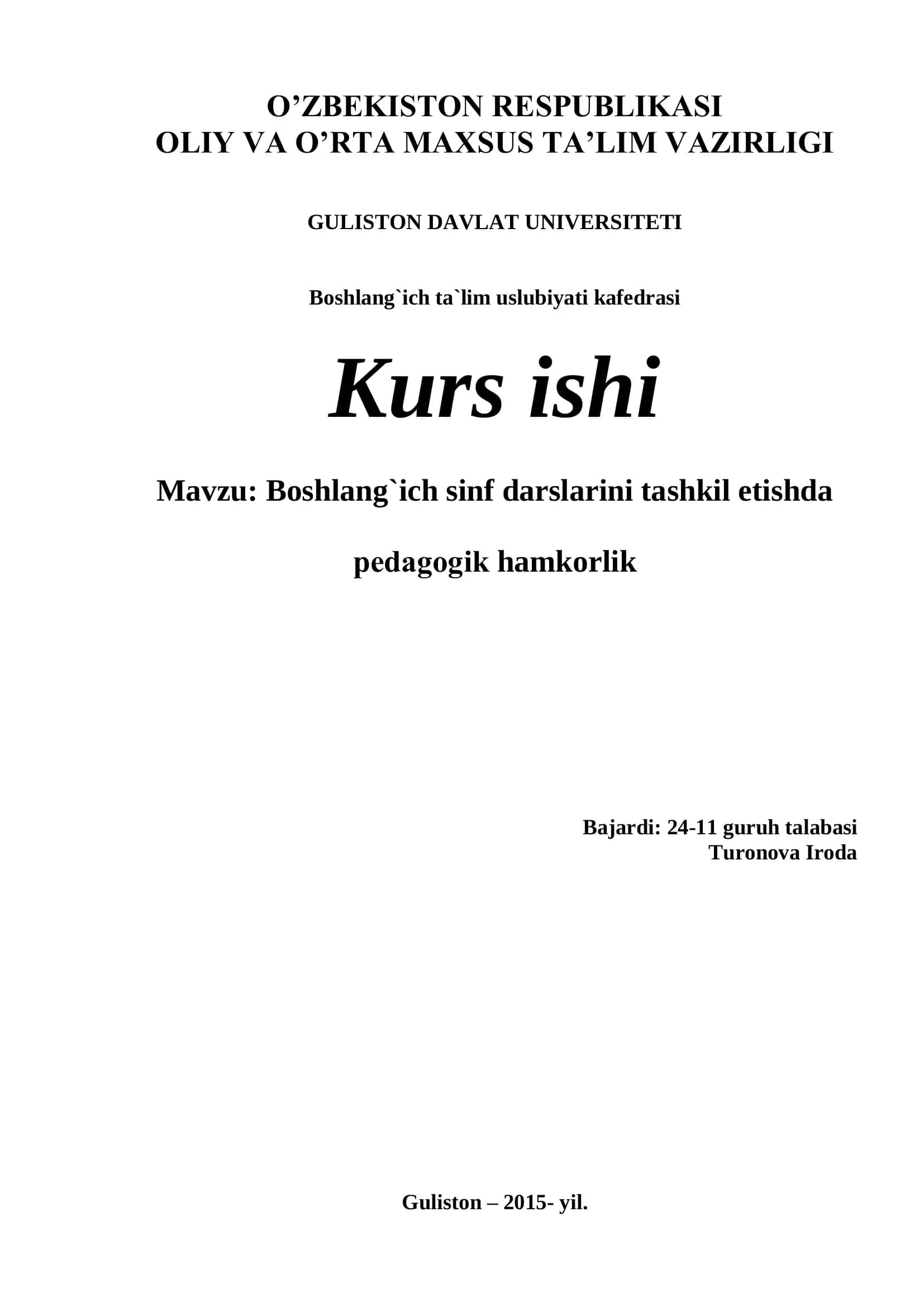 Boshlang`ich ta`lim uslubiyati kafedrasi Kurs ishi