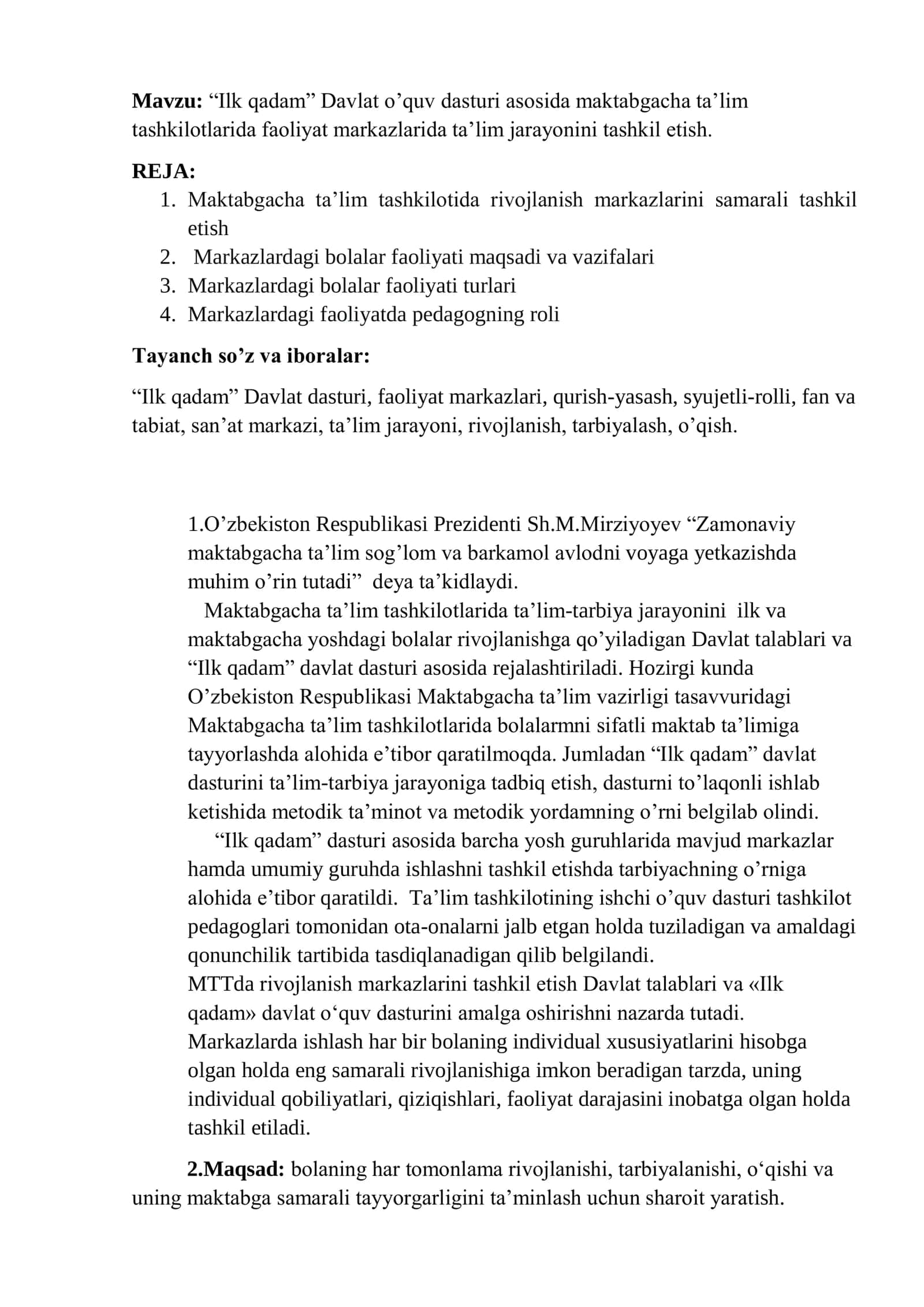 “Ilk qadam” Davlat dasturi asosida maktabgacha ta’lim