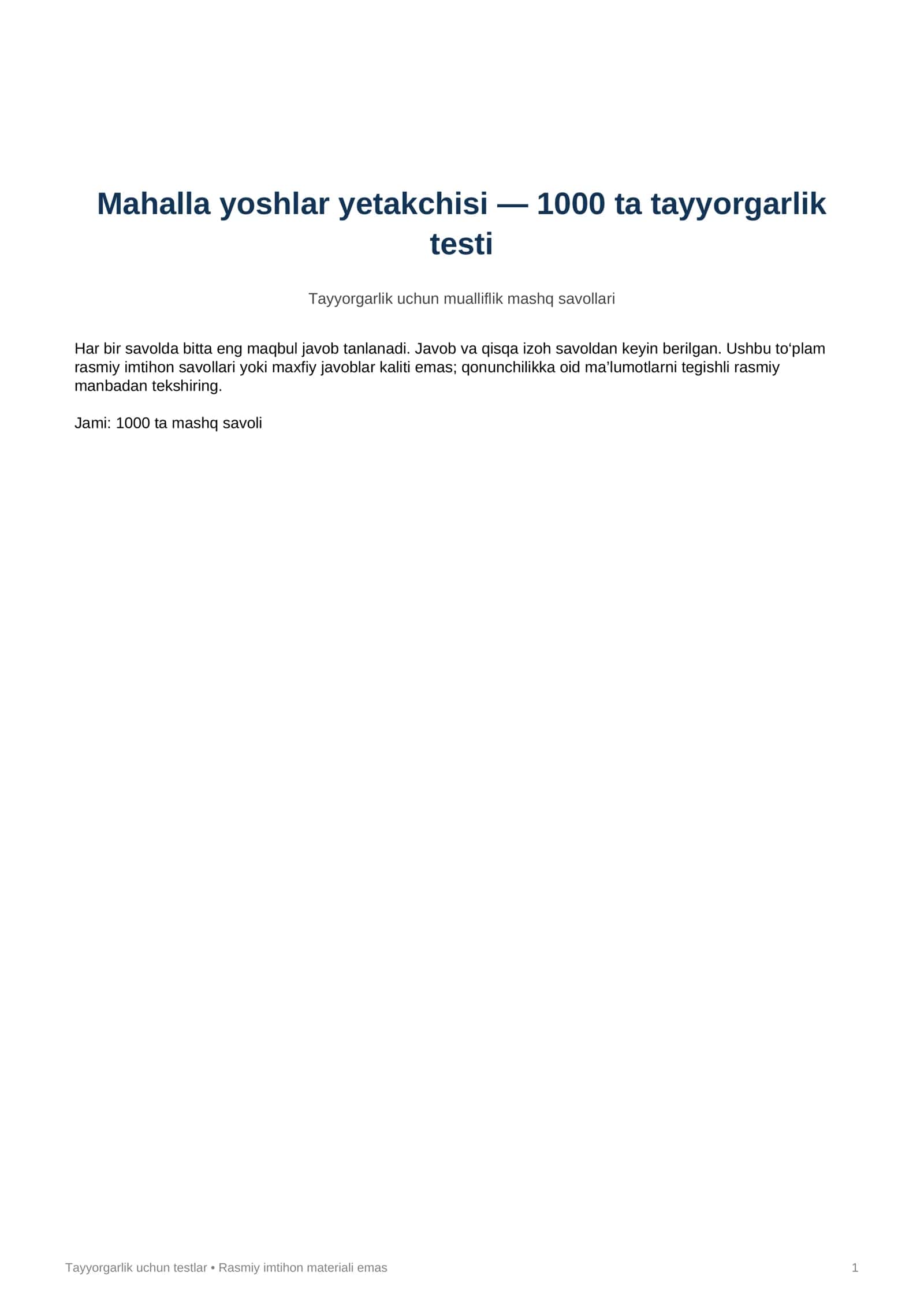 Mahalla yoshlar yetakchisi — 1000 ta tayyorgarlik testi