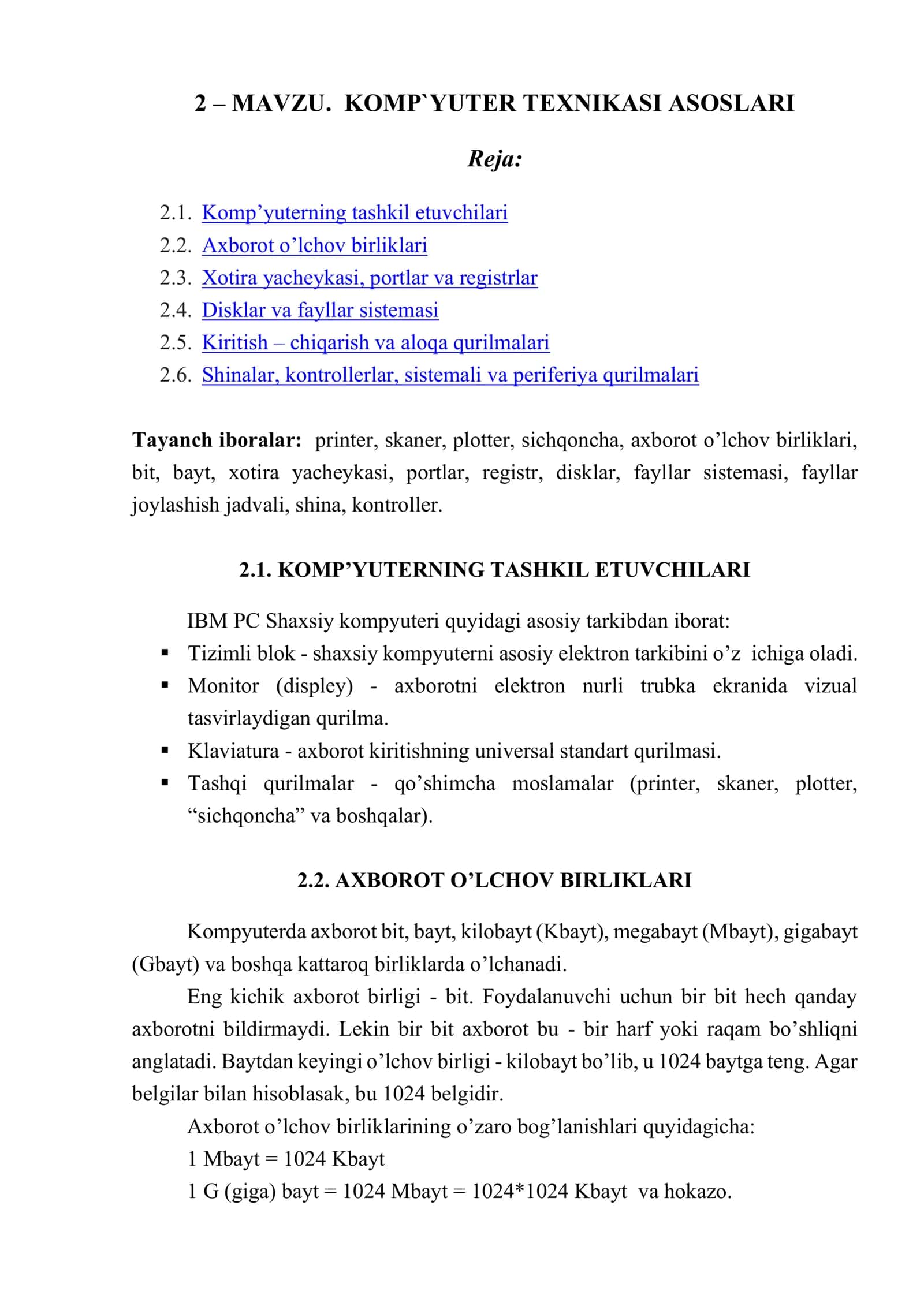 KOMP`YUTER TEXNIKASI ASOSLARI