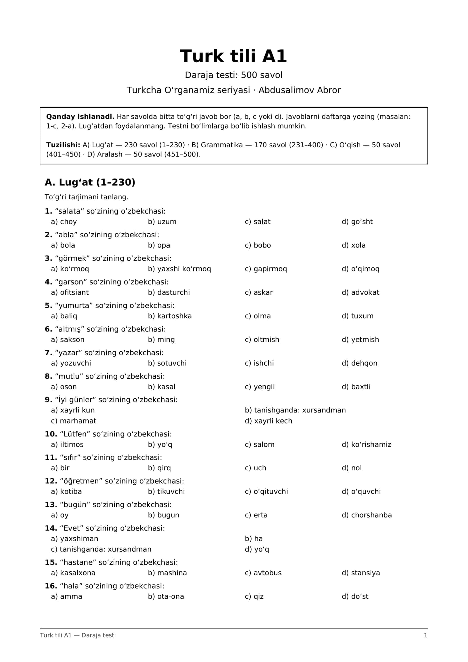 Turk tili A1 test: 500 savol + javoblar kaliti (PDF)