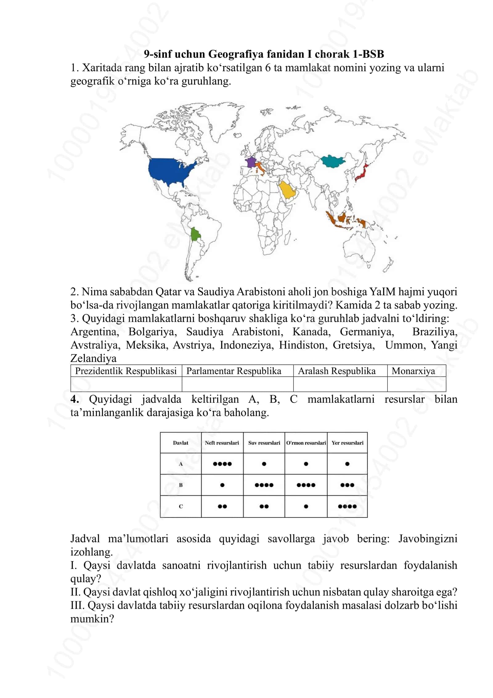 9-sinf uchun Geografiya fanidan I chorak 1-BSB