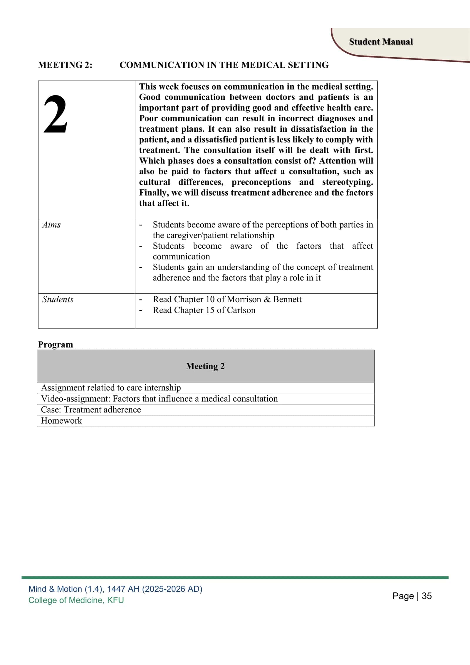 MEETING 2: COMMUNICATION IN THE MEDICAL SETTING