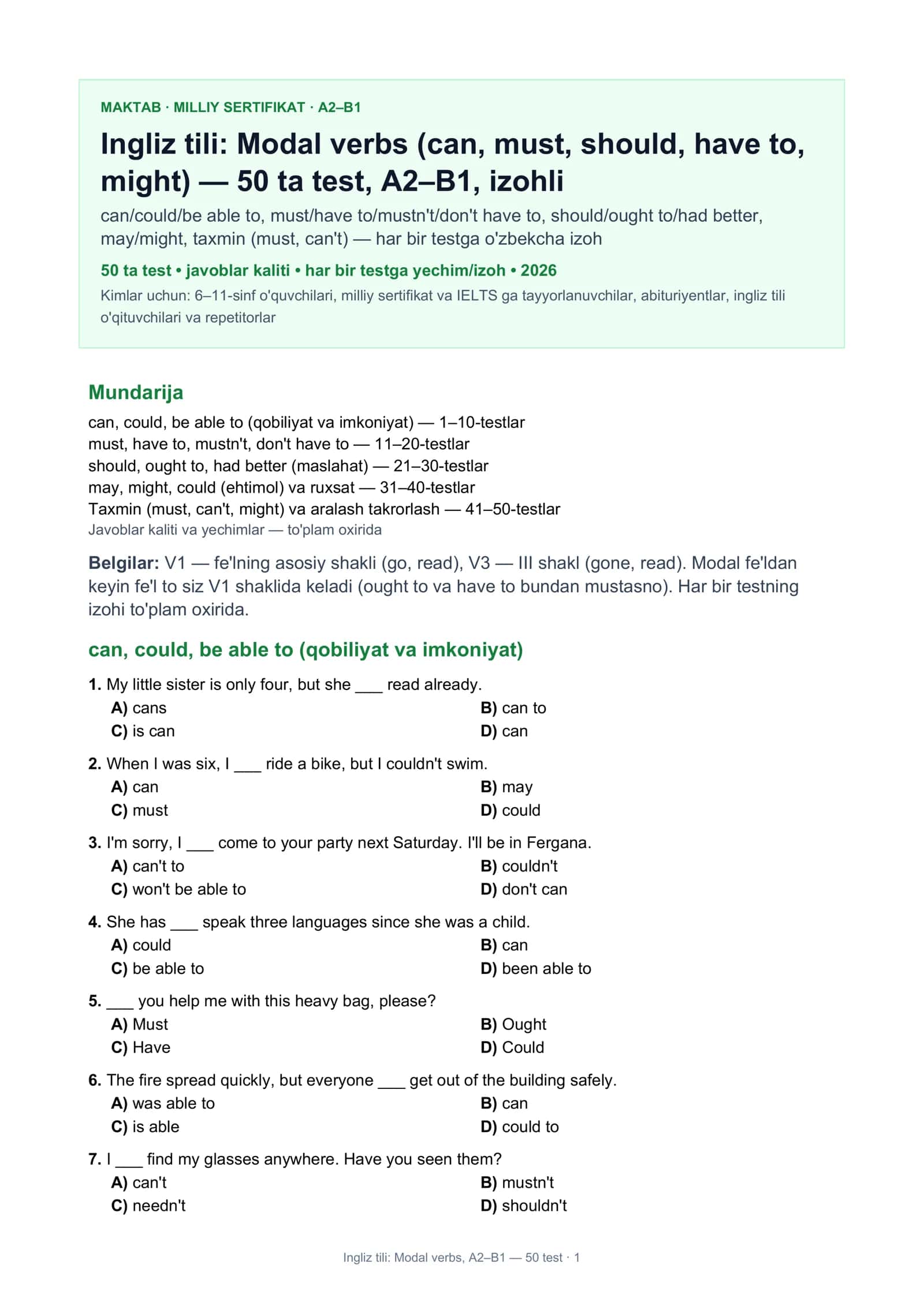 Ingliz tili: Modal verbs, A2–B1