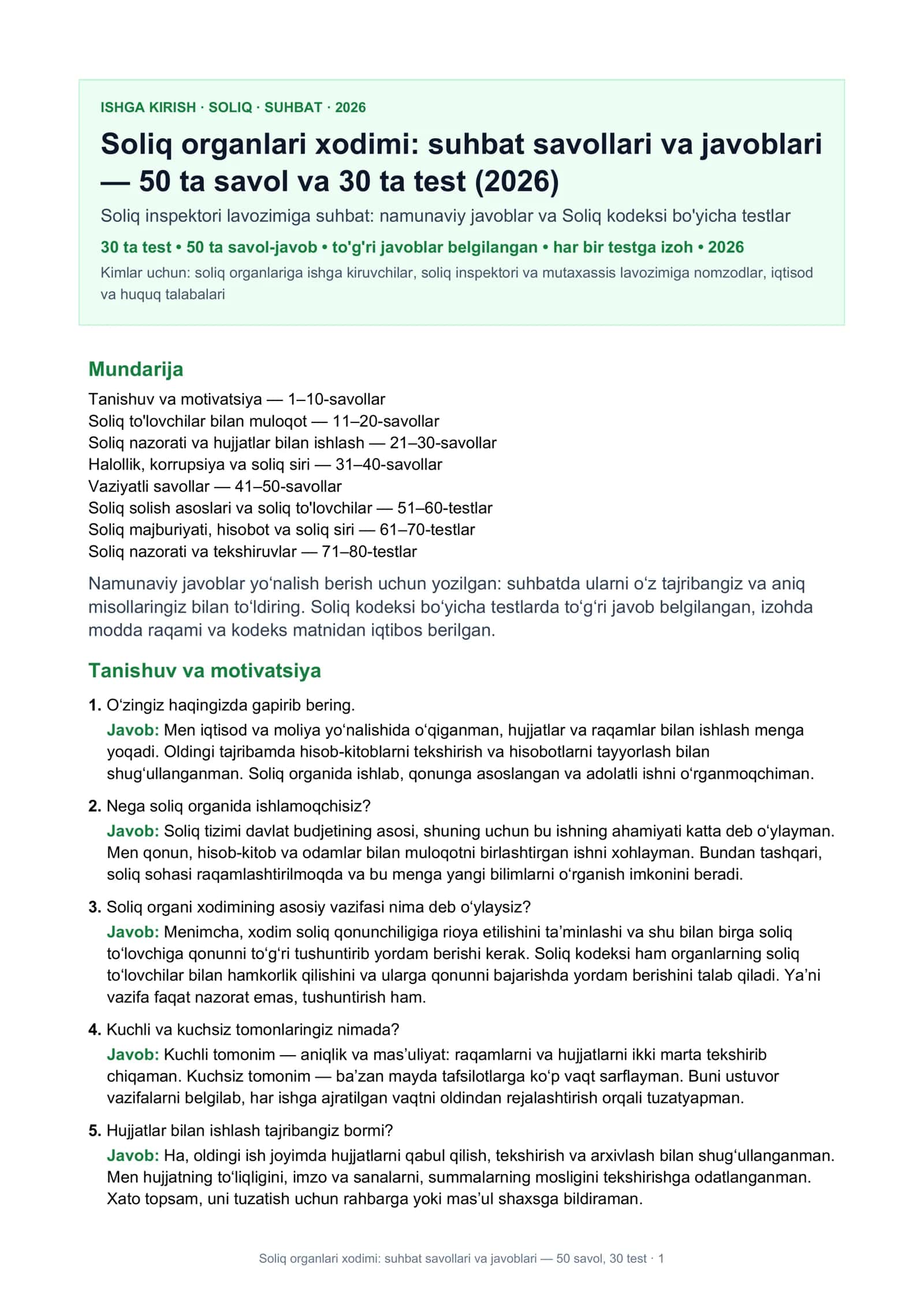 Soliq organlari xodimi: suhbat savollari va javoblari