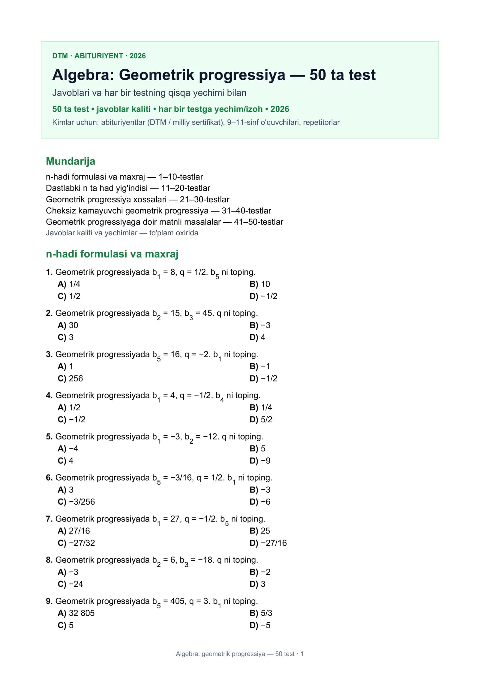 Algebra: Geometrik progressiya