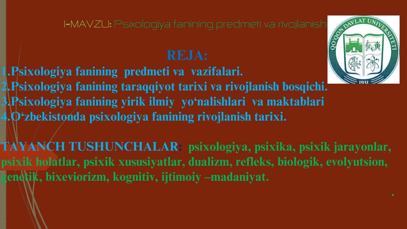 Psixologiya fanining predmeti va rivojlanish tarixi