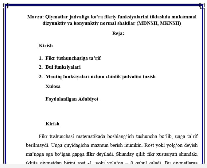 Qiymatlar jadvaliga ko’ra fikriy funksiyalarini tiklashda mukammal dizyunktiv va konyunktiv normal shakllar (MDNSH, MKNSH)