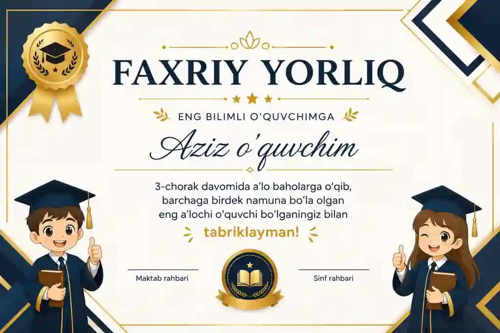 Premium Faxriy Yorliq Shabloni | O‘quvchilar uchun Sertifikat Dizayni