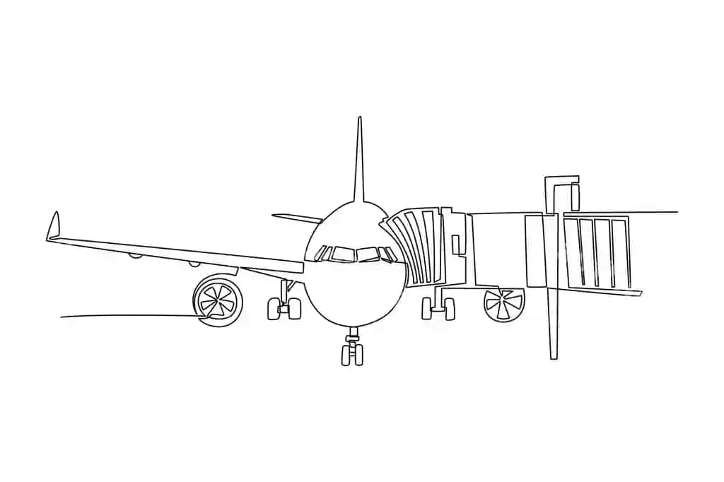 Davomiy chiziq samolyot aeroport kapısında to'xtab turgan bitta chiziqli chizish | Continues line airplane docked airport gate single line drawing