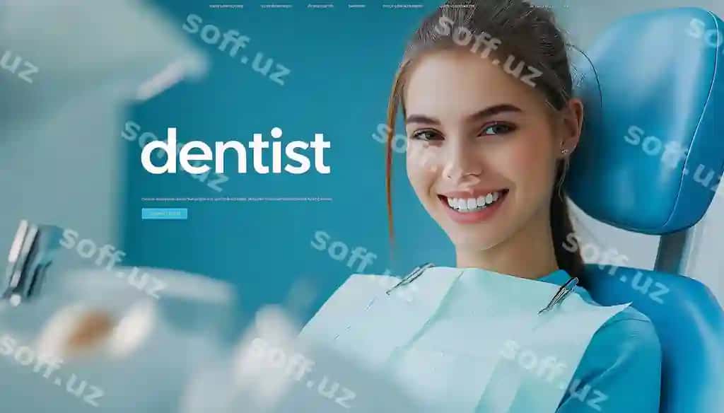 Stomatolog veb-saytining toza landing sahifasi ko'k va yorqin yashil rang sxemasidan foydalanadi. | Clean website landingpage dentist use blue lightgreen color scheme