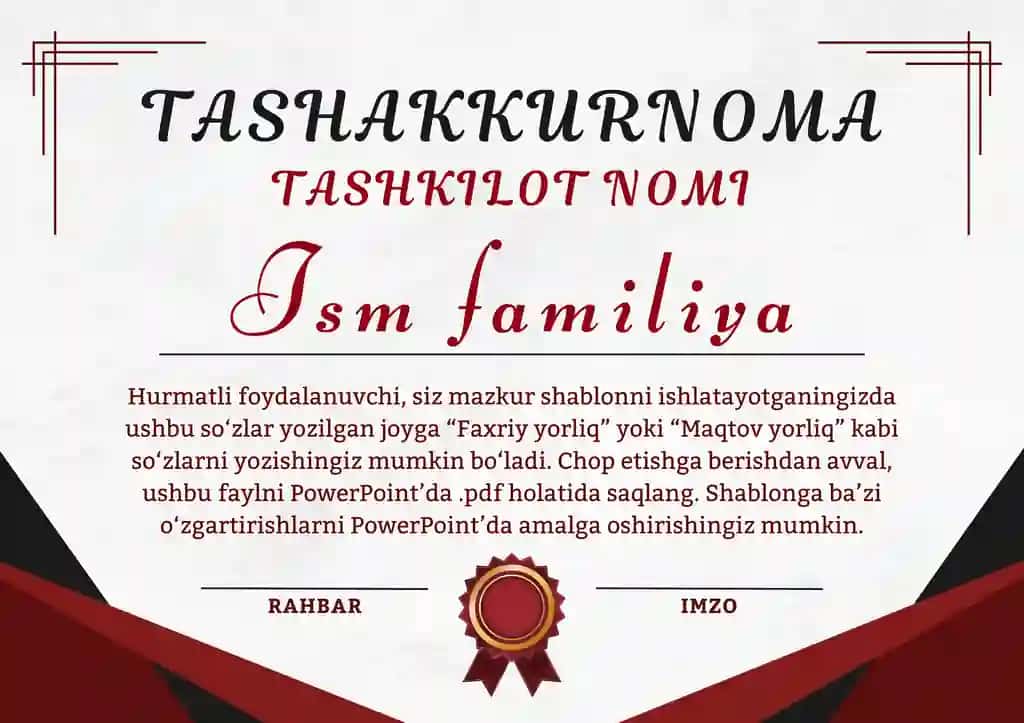 Tashakkurnoma, Diplom, .... Shablon PowerPoint