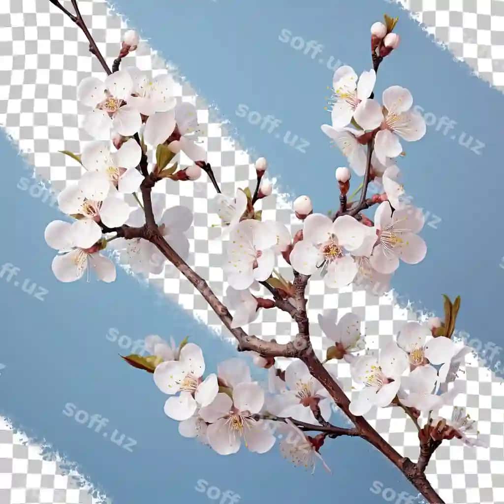 Oʻrik dallari gullashgan bahor shaffof orqa fonda | Plum tree branches blooming spring transparent background
