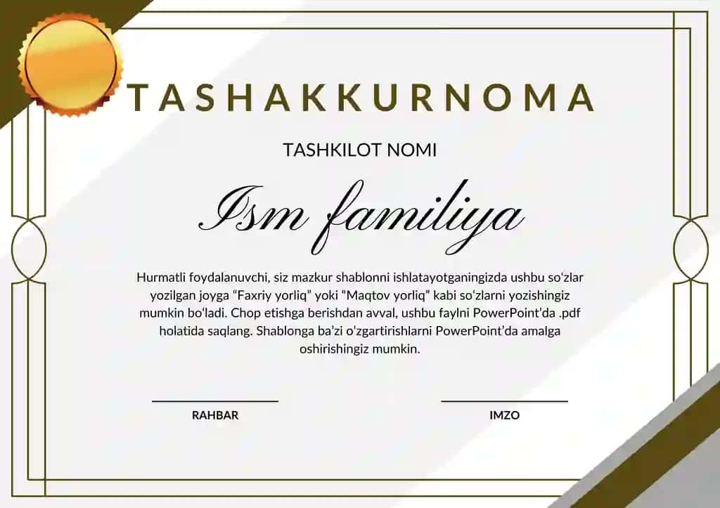 Tashakkurnoma, Diplom, .... Shablon PowerPoint