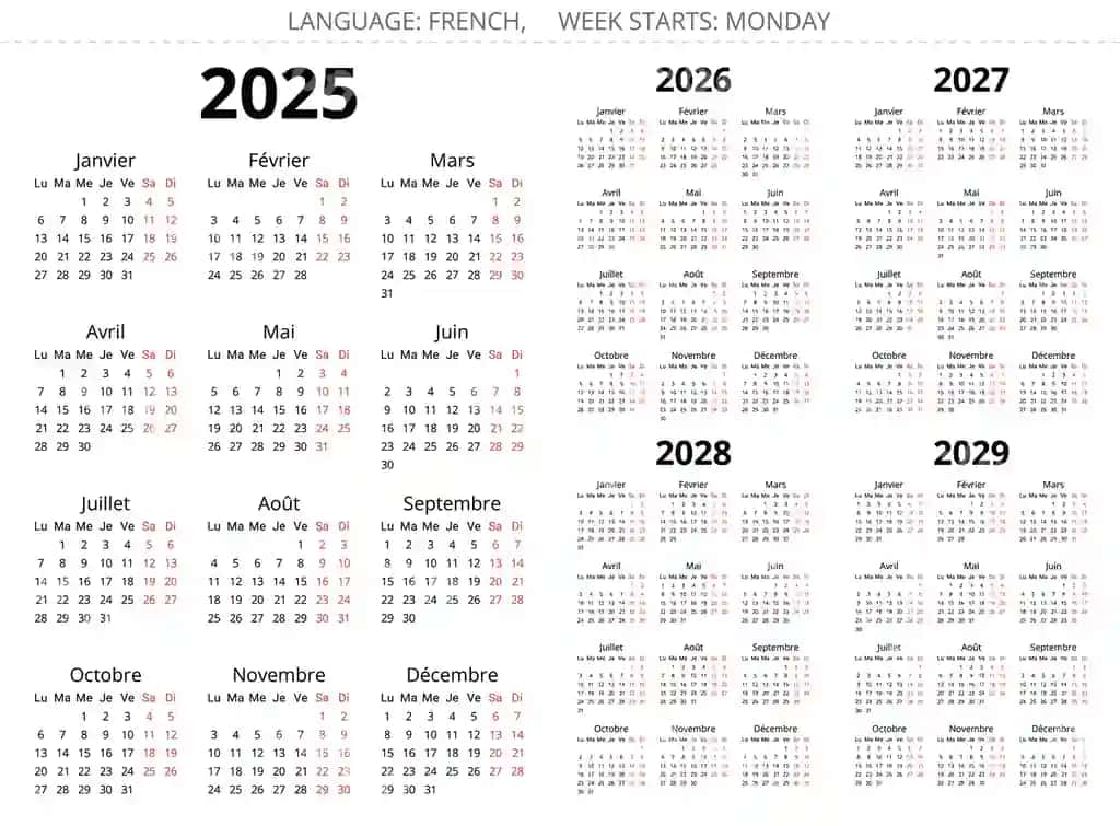 2025 2026 2027 2028 2029 yil fransuz takvimlari bosqichli vektor | 2025 2026 2027 2028 2029 year french calendars printable vector