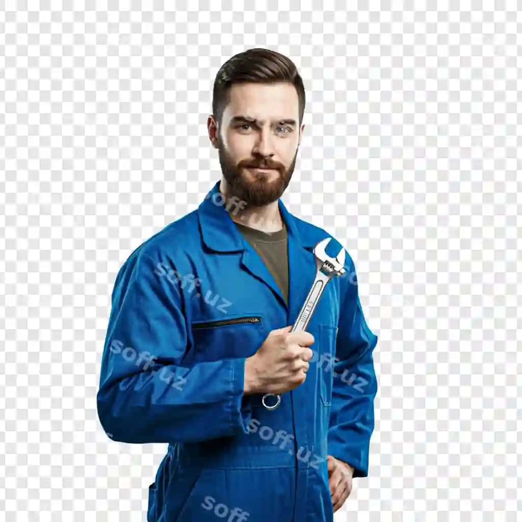 Ishchi ko'k rangli kostyumda shrift tutgan, ajraltirilgan shaffof fonda | Worker blue uniform holding wrench isolated transparent background