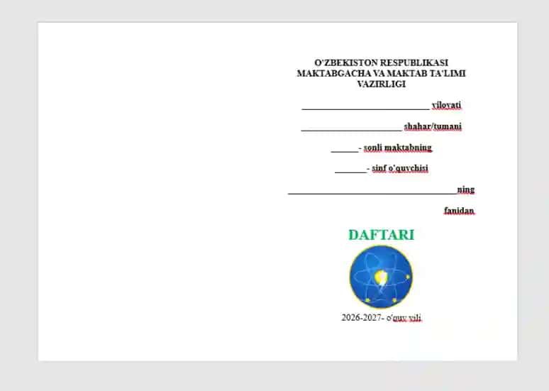 Daftar yuzi. Maktab o'quvchilari uchun