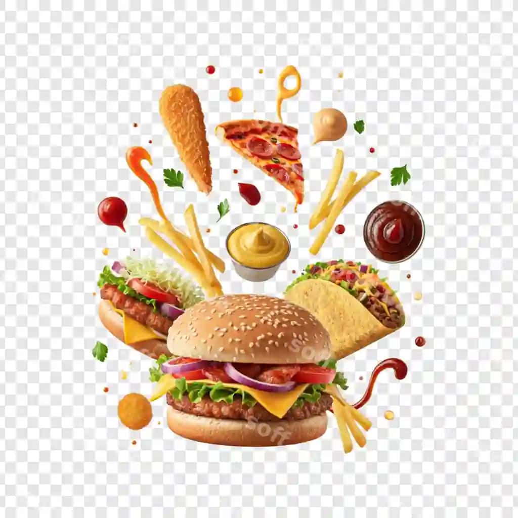 Pitsa donalari, burgerlar suzuvchi, ajralangan, shaffof fon, aylanma | Pizza slices burgers floating isolated transparent background rounded