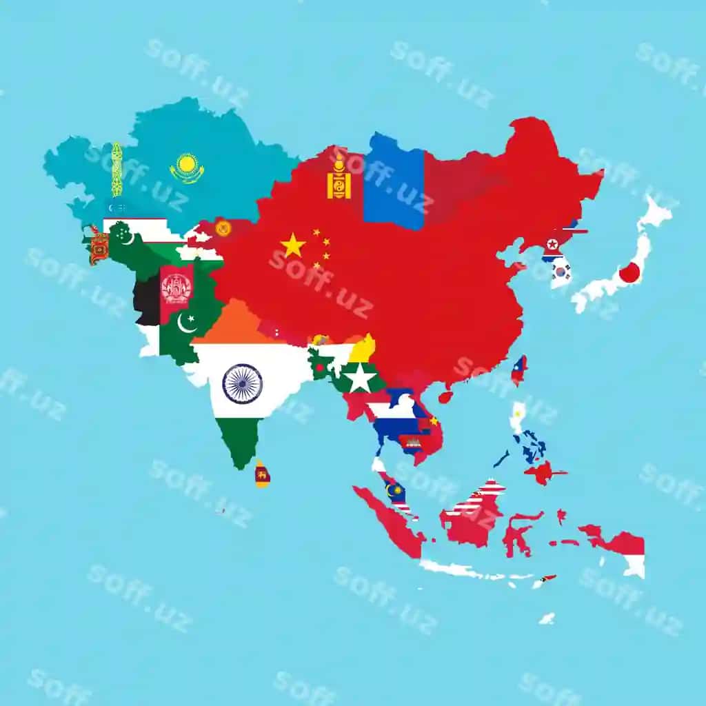 Aasia davlat xaritasi bayroq vektori bilan | Aasia country map with flag vector