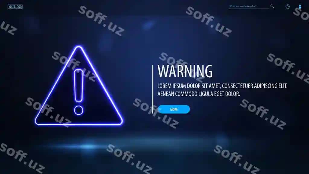 Ko'k poster, unda neon ogohlantirish uchburchak logotipi va bulantrilgan orqa fonda | Blue poster with neon warning triangle logo blurred background