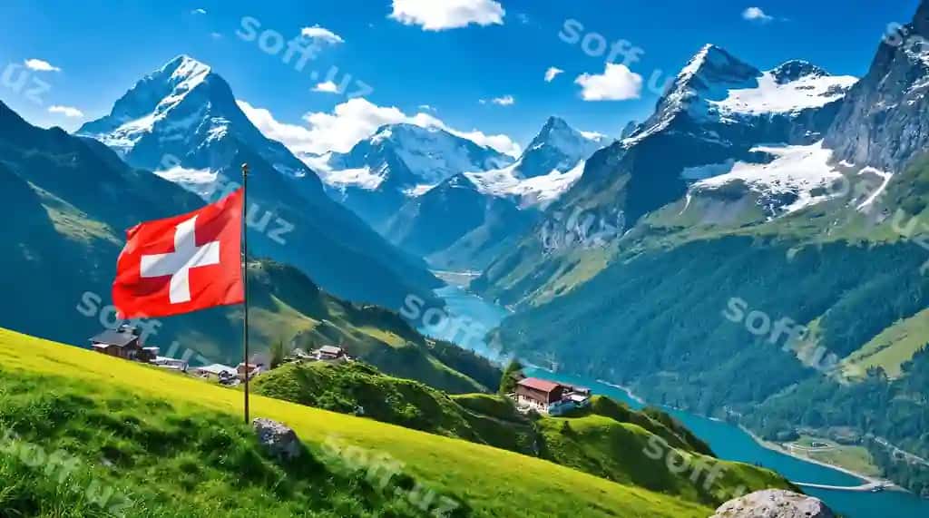 Shveysariyaning ajoyib to'pka ko'li manzarasi Shveysar bayrog'i ko'tarilgan | Switzerland s stunning mountain lake scenery with swiss flag waving
