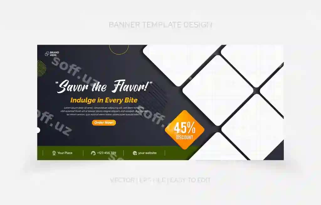 Shablon dizayni banneri restoran taomlarini reklama qilish veb-ijtimoiy media maqsadi | Template design banner restaurant food promo web social media purpose