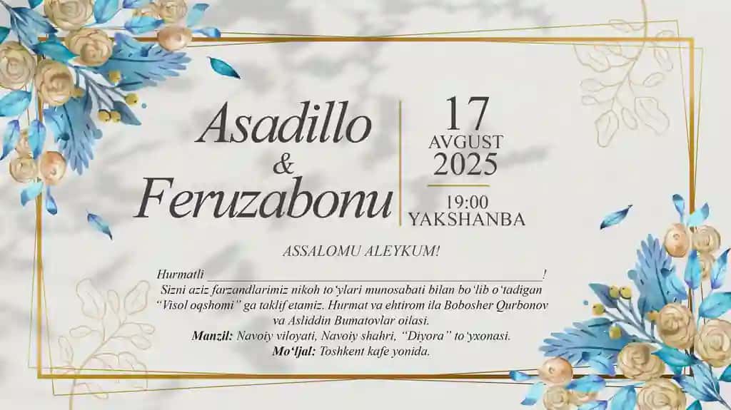 Floral zamonaviy to‘y taklifnomasi (JPG + PSD shablon)