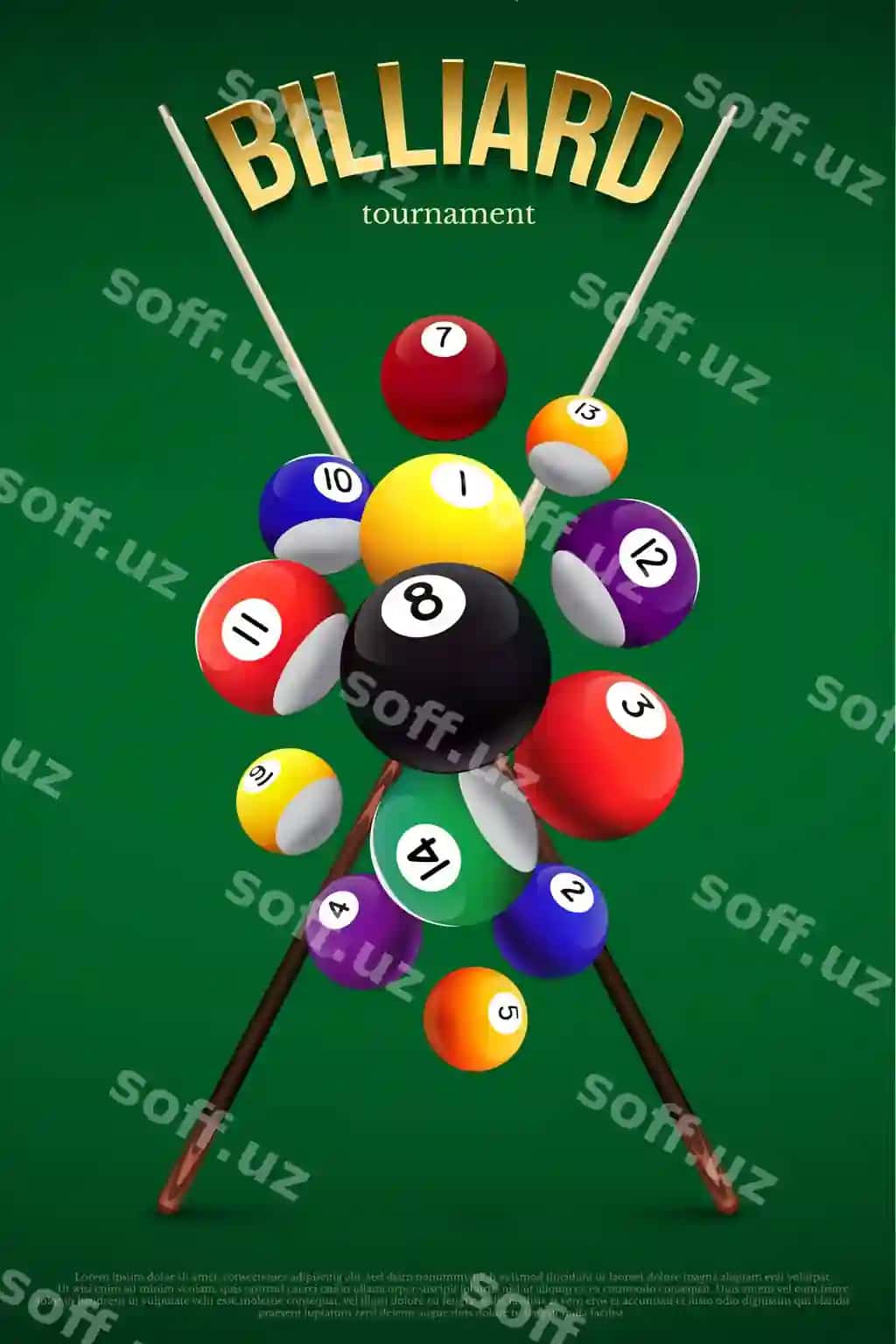 Bilyard chempionati plakat shabloni: turli xil tushuvchi bilyard sharqlari | Billiard tournament poster template different falling billiard balls