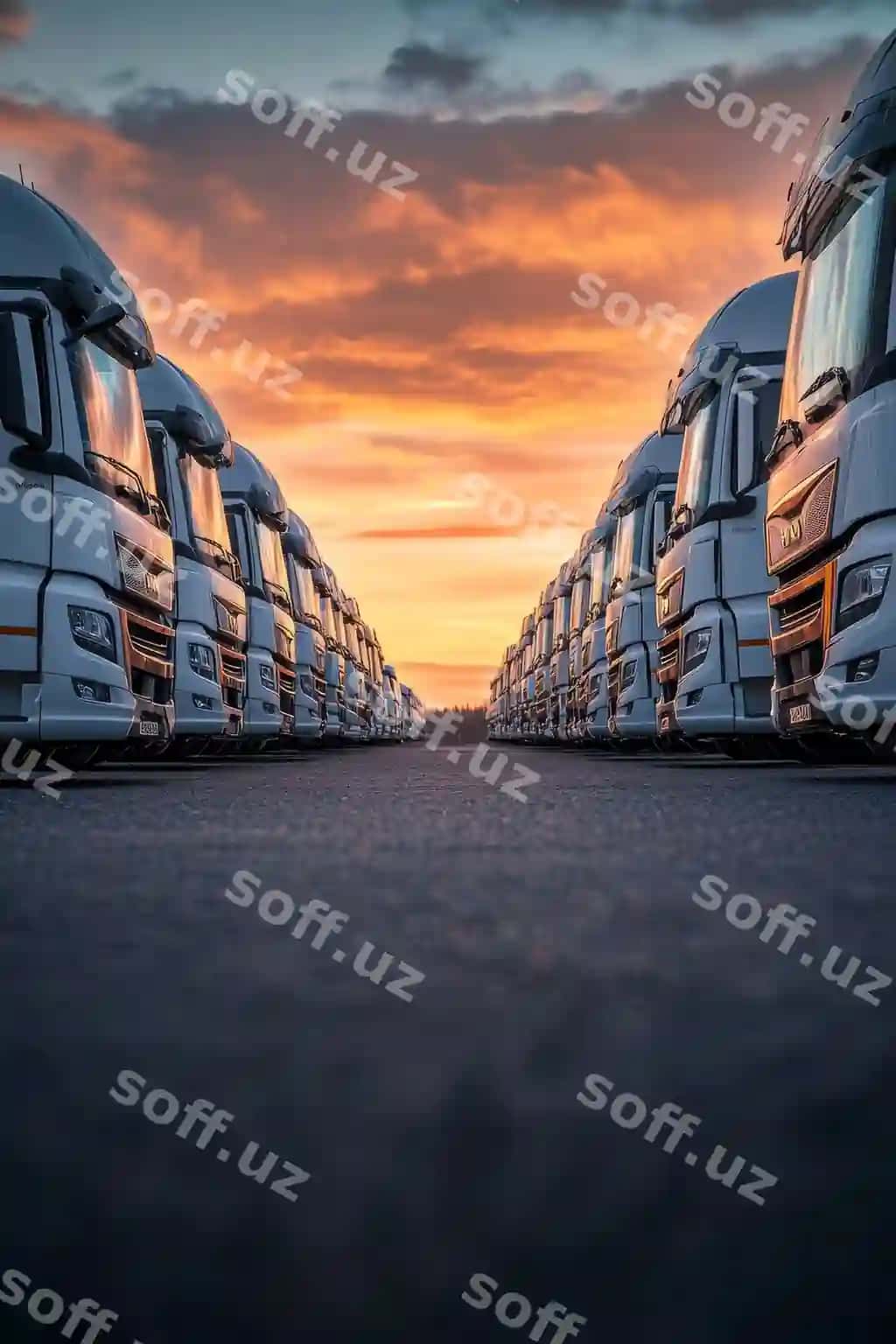 Yuk avtomoblilari flotasi quyosh chiqishida muhim yuk yetkazish vazifasiga to'liq tayyor. | Truck fleet sunrise is fully prepared ready important cargo delivery task ahead