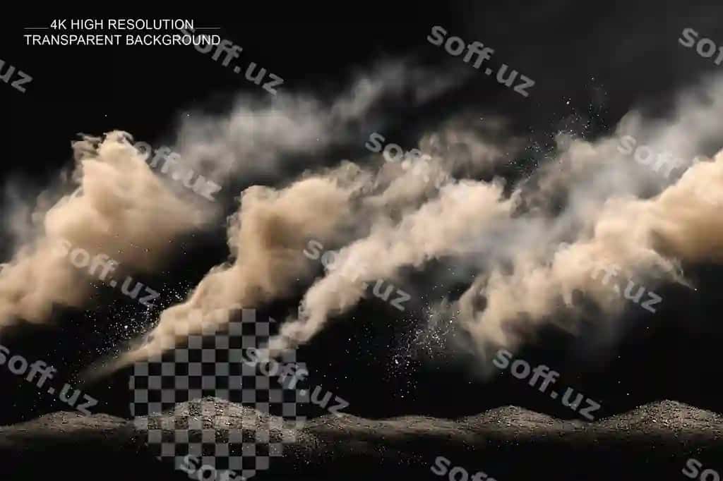 Paxma, shamollar bulutlari, toshlar bilan to'plangan, paxma zarrachalari havoinga urilgani, shaffof. | Dust sand clouds set with stones flying dusty particles transparent