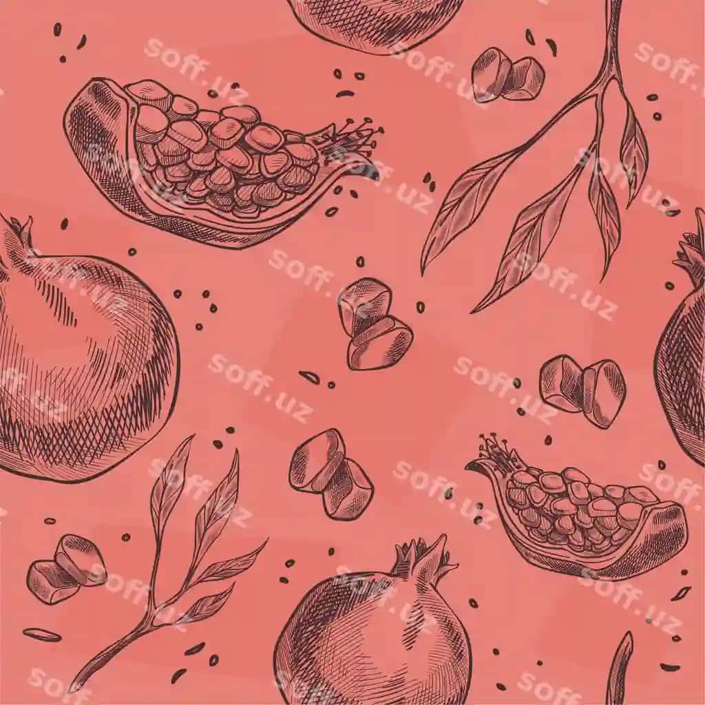 Buz kubiklari anor urug'lari daraqa bosmasi | Ice cubes pomegranate seeds branch print