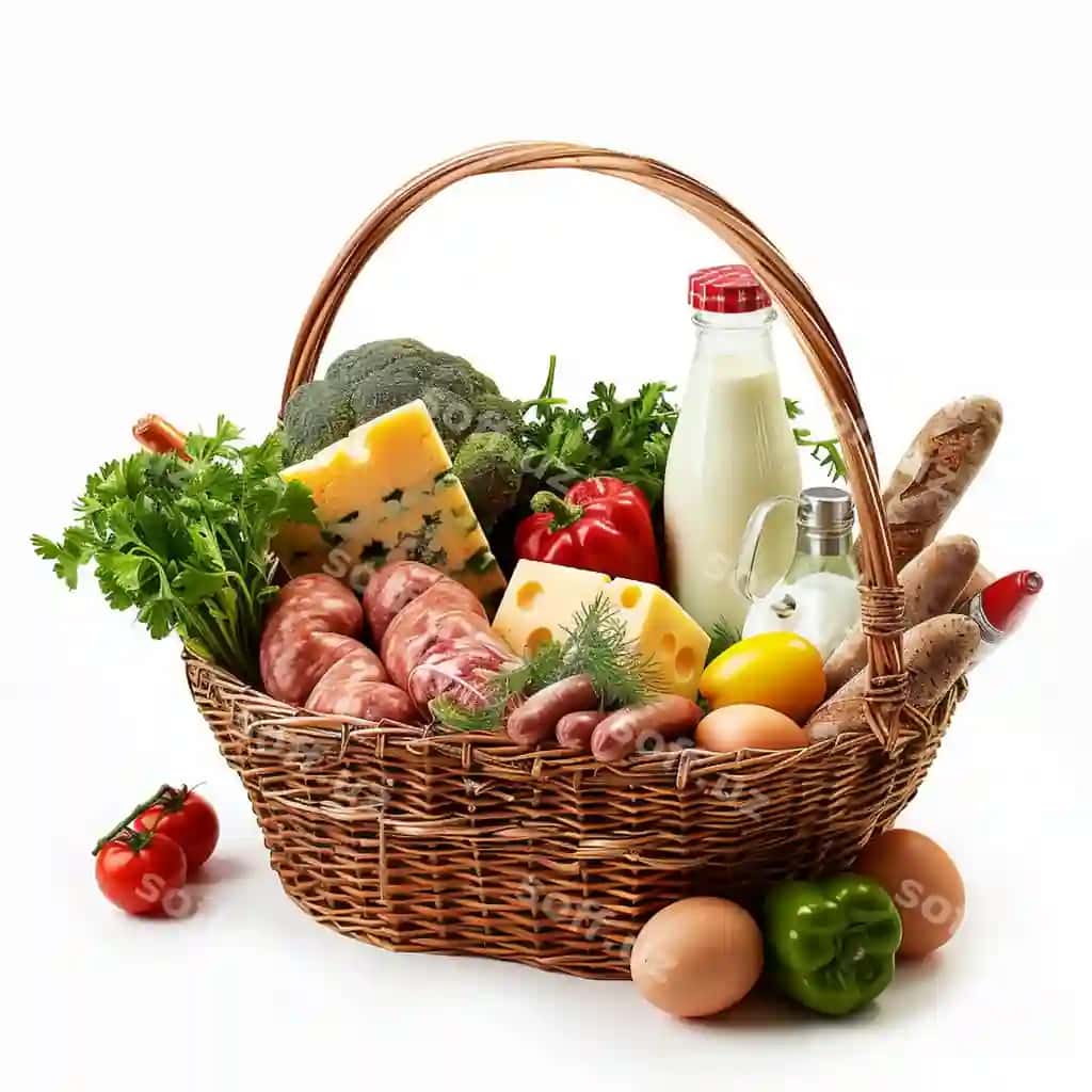 Savat ovqati o'z ichiga sabzilar, pishloq, tuxumlar. | Basket food including vegetables cheese eggs