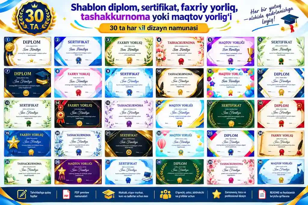 Shablon diplom, sertifikat, faxriy yorliq, tashakkurnoma yoki maqtov yorlig'i 30in1