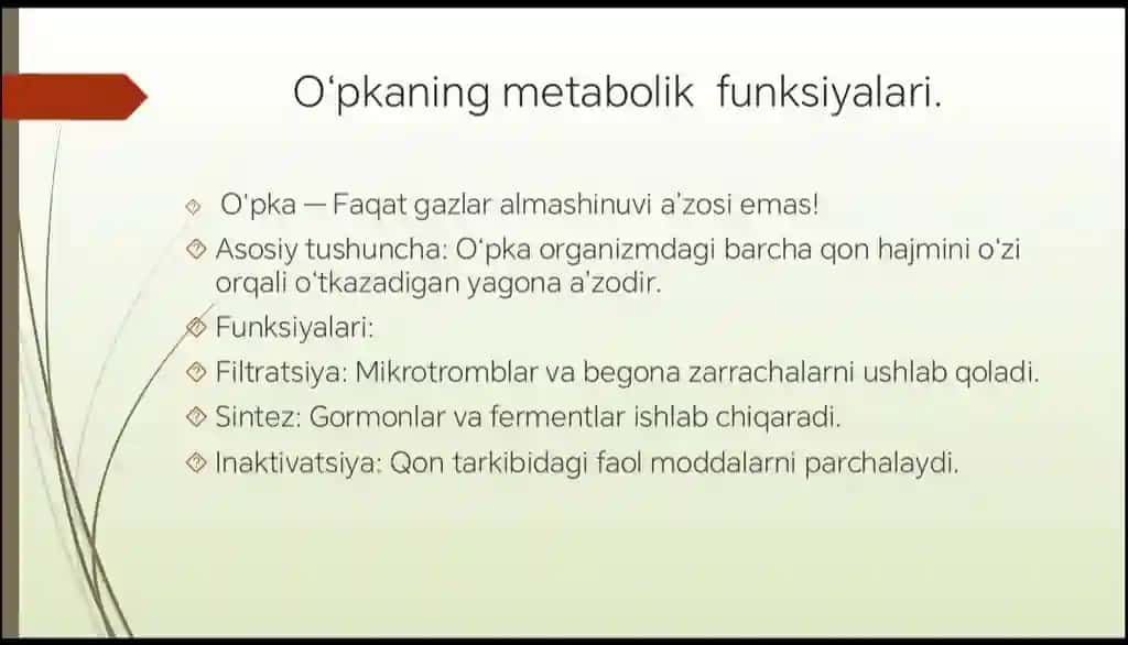 o'pkaning metabolik funksiyalari va ularning buzilishlari