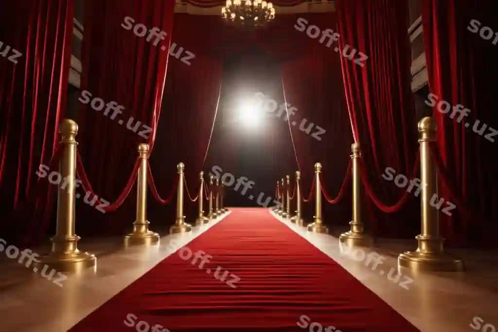 Qizil mebalar qizil mebalar qizil tulla dekoratsiyasi olovchi binoning arxitekturasi | Red carpet with red carpet red curtains gold architecture illuminated