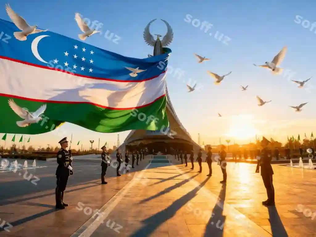 O'zbekiston milliy g'ururli bayroq, askarlar, karrimlar, quyosh botishi | Uzbekistan national pride flag soldiers doves sunset